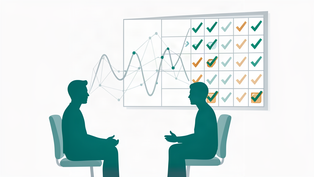 Medical editorial illustration of two people in a psycho-oncology consultation with a speech waveform and structured clinical rating grid, teal accent