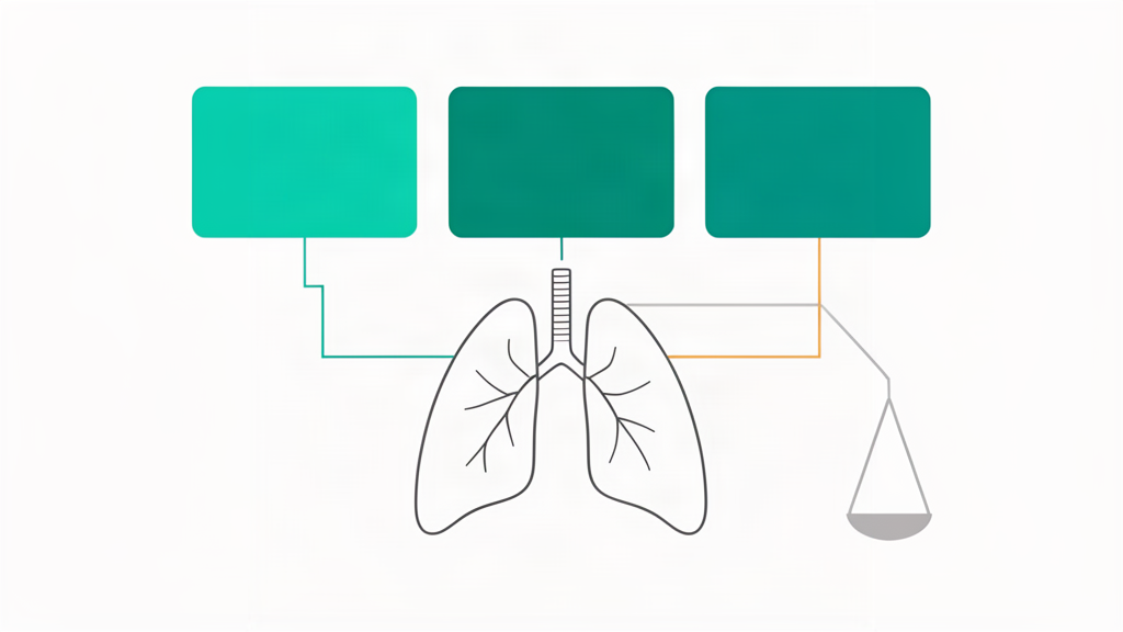 Minimalist medical editorial illustration comparing three AI language model panels connected to a stylized lung outline and a balance scale, represent