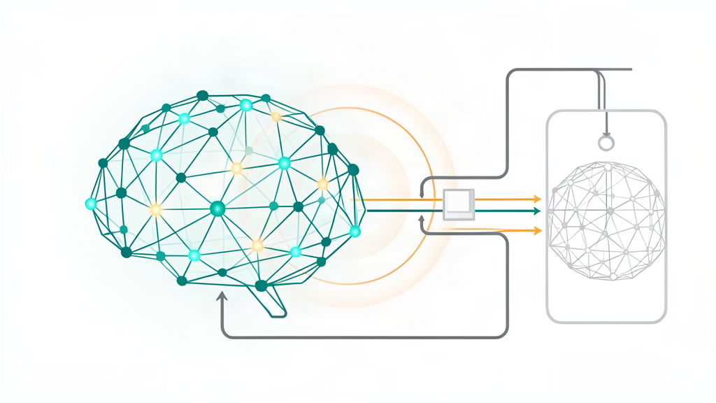 Abstract editorial illustration of AI-enabled theranostics workflow with data network and dosimetry rings