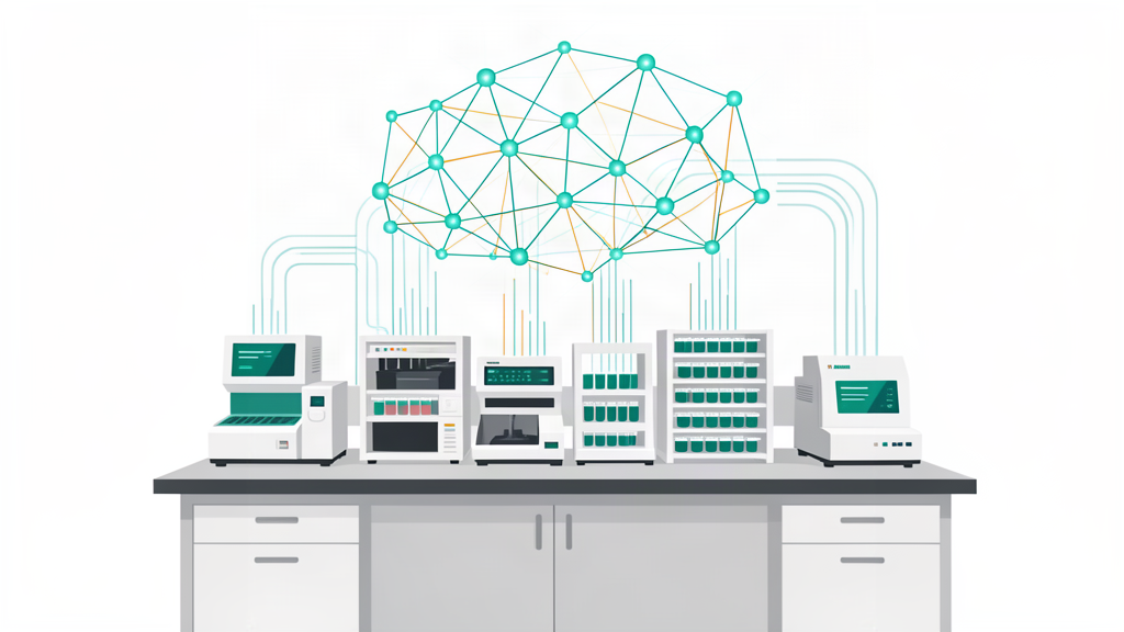 Flat vector illustration of a clinical laboratory bench with analyzers and sample racks, data streams rising into an abstract neural network of teal n
