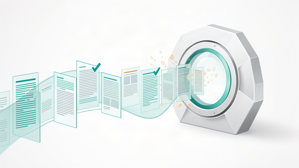 Conceptual illustration of AI-generated medical text panels passing through a verification lens, with teal-checked evidence and amber-fading unsupport