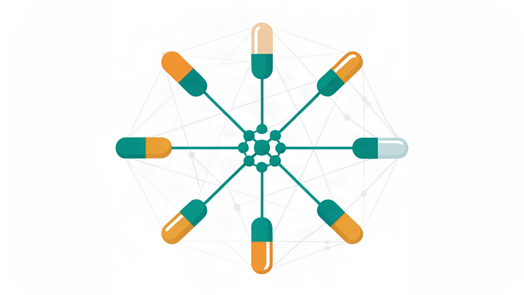 AI-driven drug repurposing concept, teal pills and molecule network